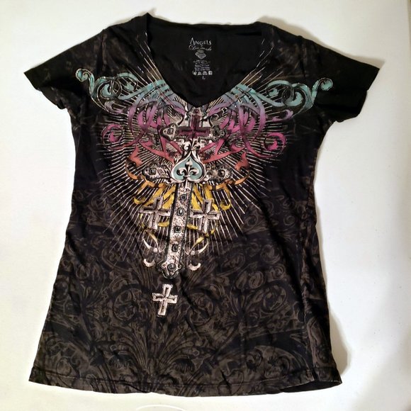 ANGELS AND DIAMONDS CROSS T-SHIRT - SIZE L - WOMENS TOP - Picture 1 of 3